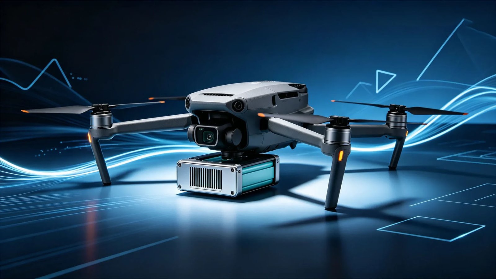 Professional UAV accessories in flight over scenic landscape